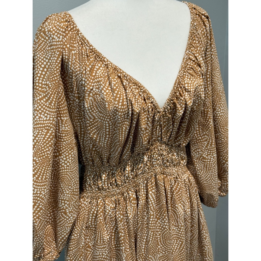 Madewell Vneck Balloon Sleeve Smocked Waist Maxi Dress Dotted Brown White Size 6 - Picture 2 of 12